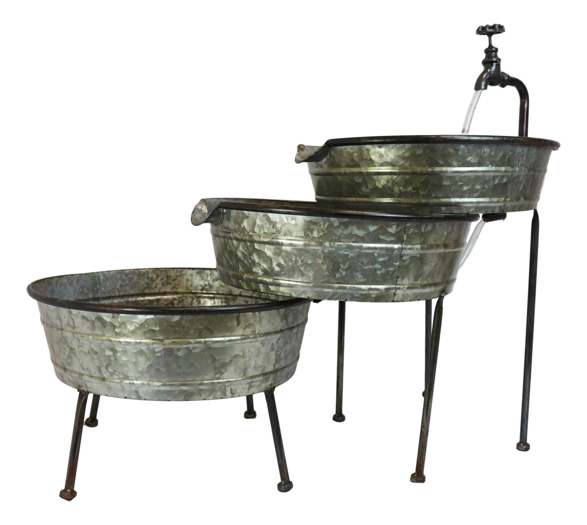 Galvanized Metal Rustic 3 Tier Basins Cascading Electric Water Fountain Feature