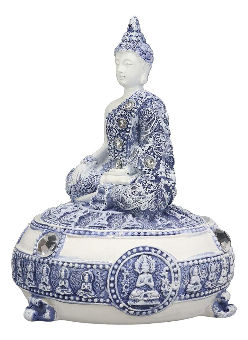 Ebros Gift Bhumisparsha Mudra Buddha Amitabha Meditating Terracotta Blue and White Round Jewelry Box Figurine 5.25" Diameter Buddhist Eastern Enlightenment Trinket Box Accessory Feng Shui Decor