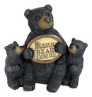 Large Rustic Forest Black Bear With 2 Cubs Holding Mama Knows Best Sign Statue