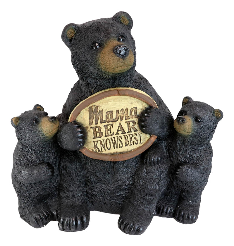 Large Rustic Forest Black Bear With 2 Cubs Holding Mama Knows Best Sign Statue