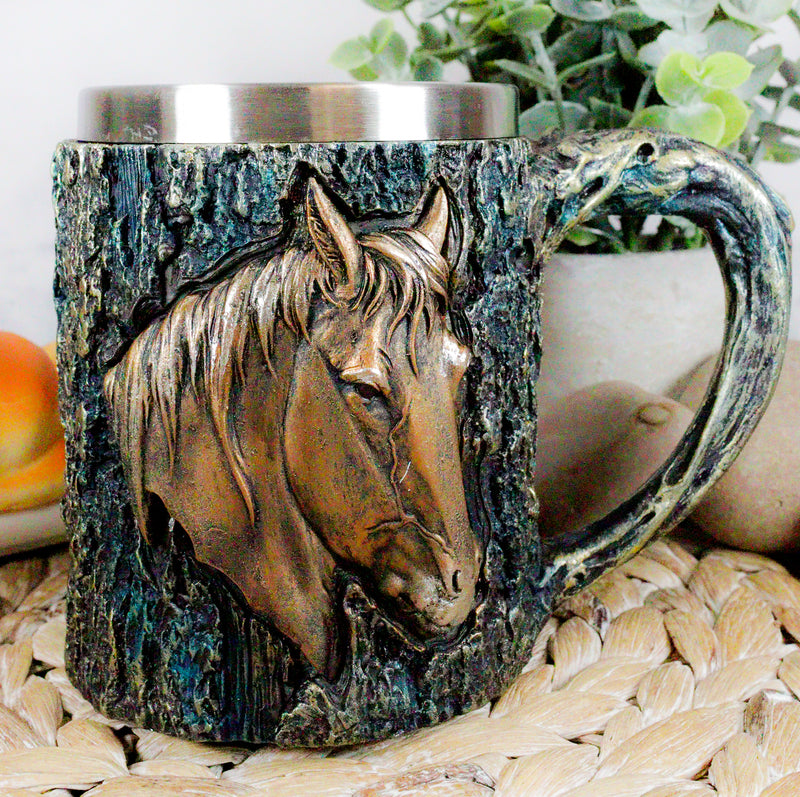 Ebros The Stallion Wildlife Chestnut Horse Mug Textured With Rustic Tree Bark Design In Painted Bronze Finish 12oz Drink Beer Stein Tankard Coffee Cup
