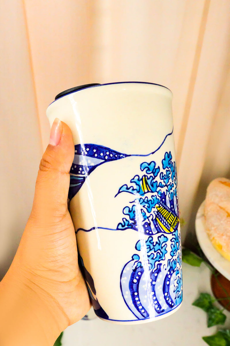 Hokusai Great Wave Mount Fuji Ceramic Travel Mug Cup 12oz With Lid Hot Or Cold
