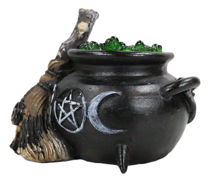 Wicca Triple Moon Goddess Pentagram LED Cauldron And Broomstick Mini Figurine