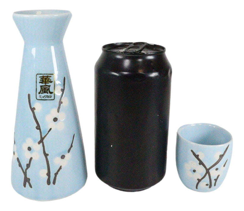 White Sakura Cherry Blossom Sky Blue Ceramic Sake Set Carafe Flask With 4 Cups