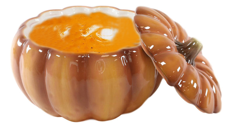 Ebros Home And Kitchen Orange Ceramic Pumpkin Soup Or Dessert Bowl With Lid Set of 2