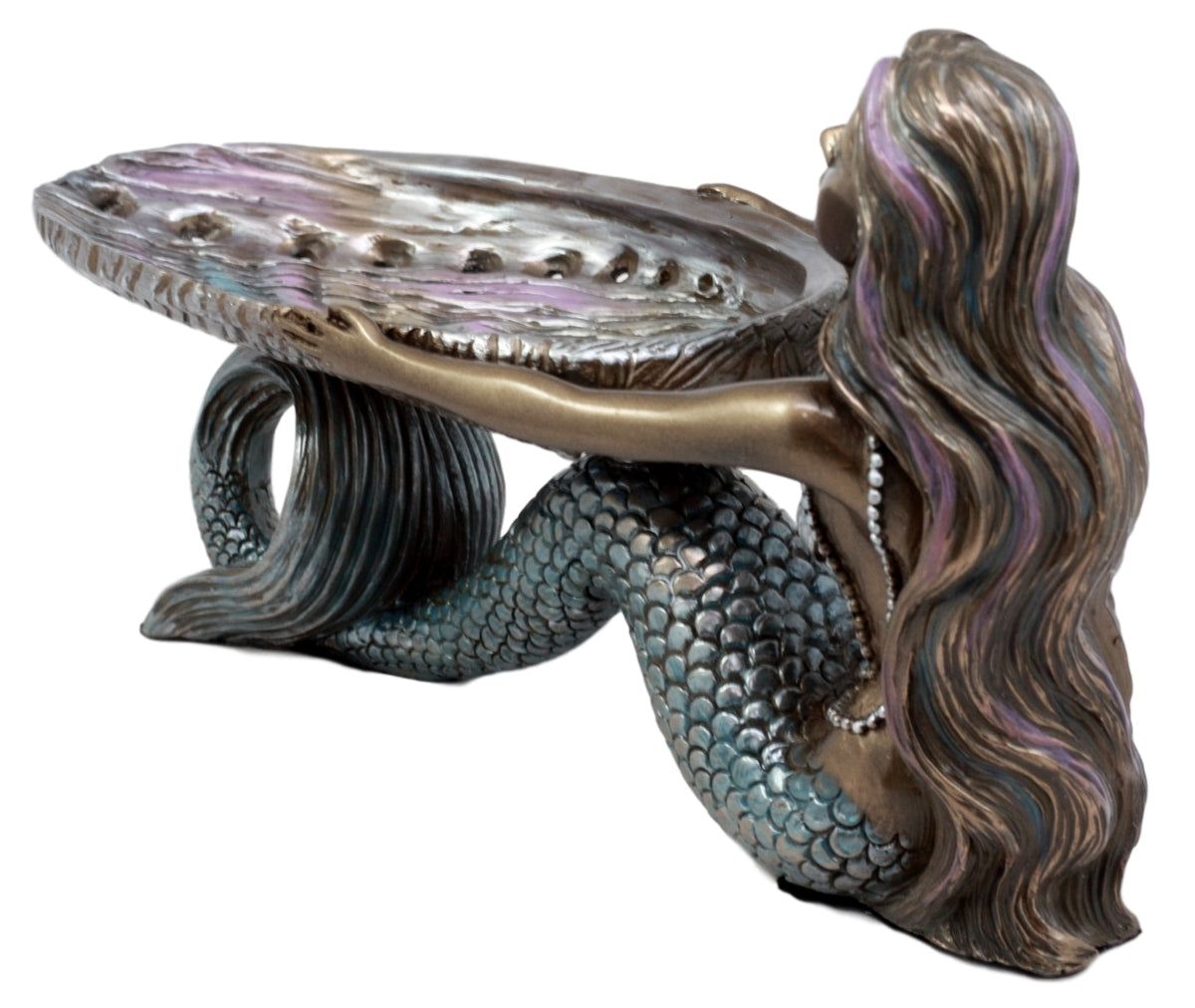 Ebros Gift Mermaid Holding Abalone Shell Platter Jewelry Dish Figurine 9"L Art Nouveau Soap Dish Key Holder Multi Function Decor