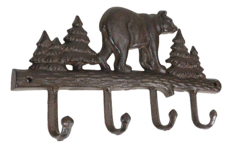 Cast Iron Rustic Forest Black Bear By Pine Trees Forest 4-Pegs Wall Coat Hooks