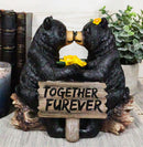 Whimsical Wedding Vows Black Bear Couple Kissing By Tree Log Statue 7" Tall