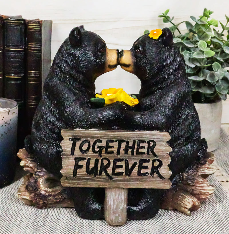 Whimsical Wedding Vows Black Bear Couple Kissing By Tree Log Statue 7" Tall