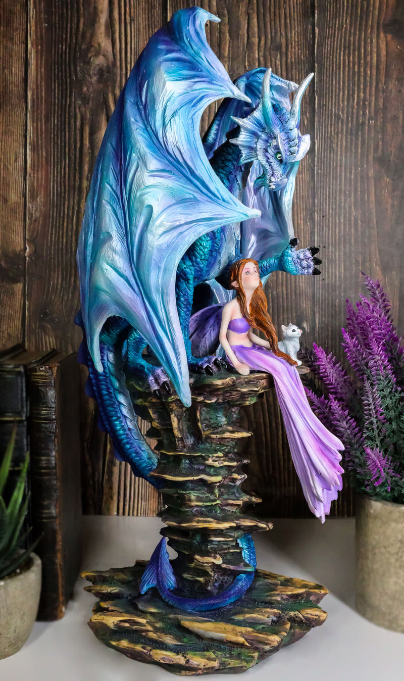 Giant Leviathan Blue Dragon Protecting A Young Princess Fairy With Kitten Statue