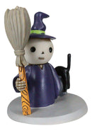 Lucky Skeleton In Witch Costume And Broomstick Standing By Black Cat Figurine