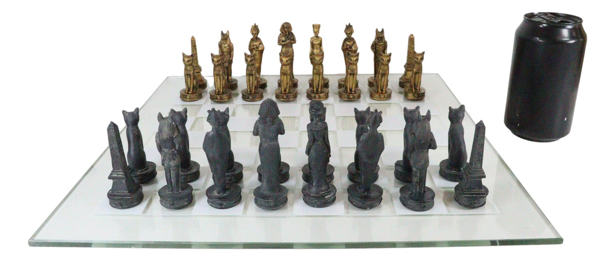 Ebros Egyptian Gods Monuments King Tut & Nefertiti Chess Pieces With Glass Board Set