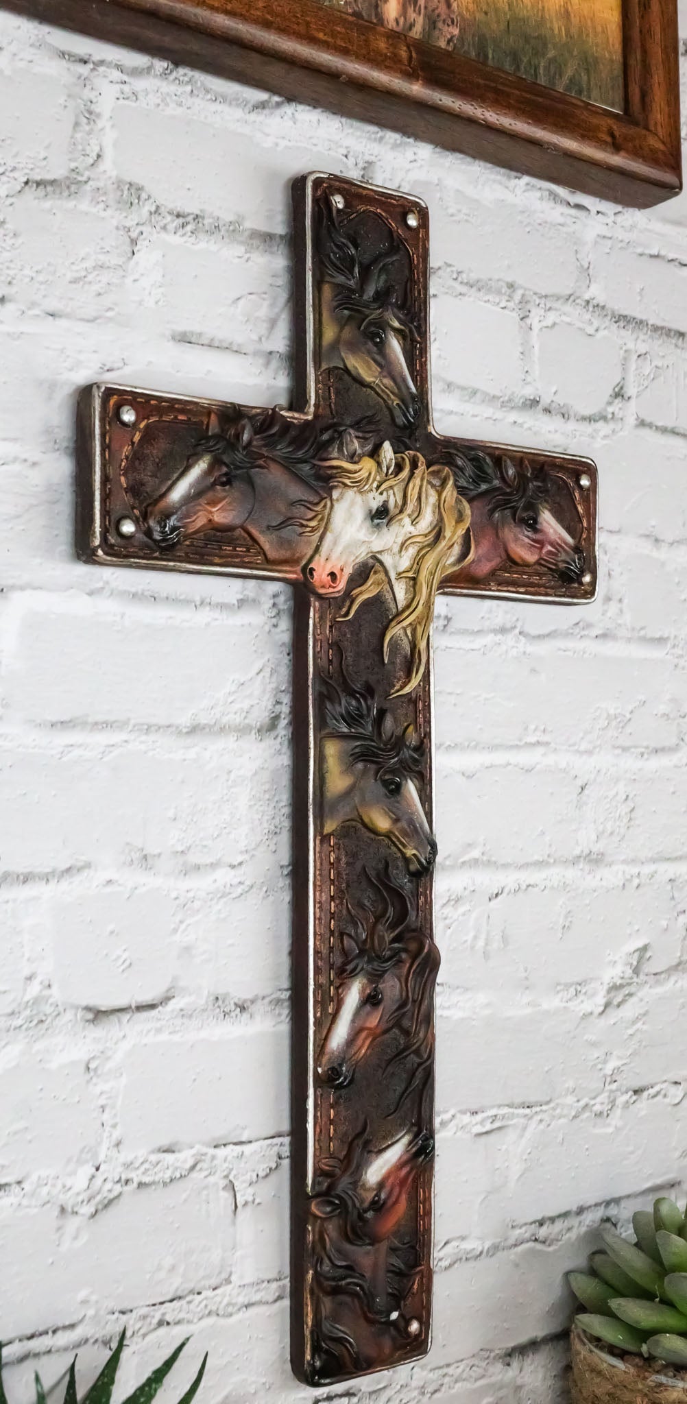 Rustic Western Colorful Horses Breeds Faux Tooled Leather Finish Wall Cross 11"