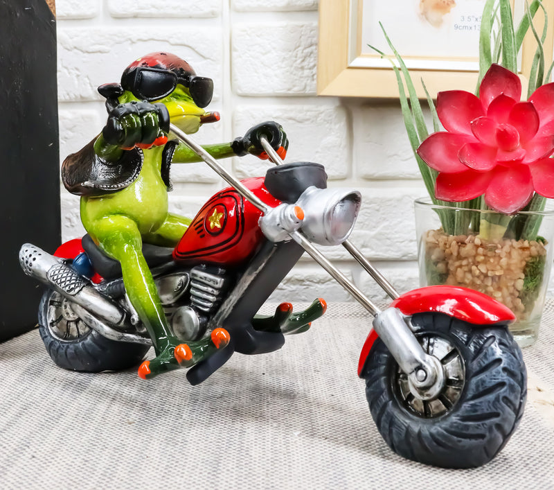 8.5"L Born To Ride Biker Frog Smoking Cigar On Red Chopper Motorcycle Statue