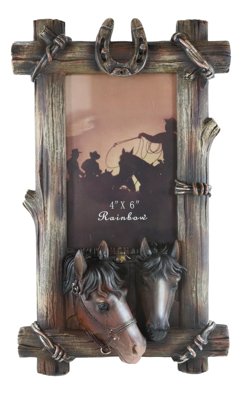 Country Rustic 2 Brown Horses Lucky Horseshoes Faux Barnwood Picture Frame 4"X6"