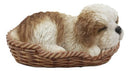 Ebros Realistic Life Like Shih Tzu Sleeping In Wicker Basket Statue Puppy Dog Figurine