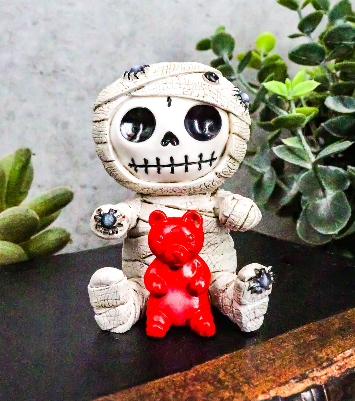 Ebros Furrybones Mummy Sarcophagus with Red Teddy Bear & Spiders Figurine 2.75"H - Ebros Gift