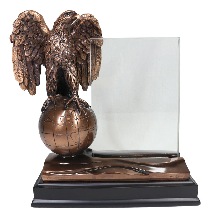Ebros Majestic Bald Eagle Perching On Earth Globe 4"X6" Glass Picture Frame Statue