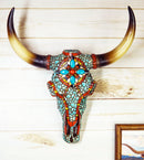 Large Western Steer Cow Skull With Mosaic Turquoise Stones And Beads Wall Decor