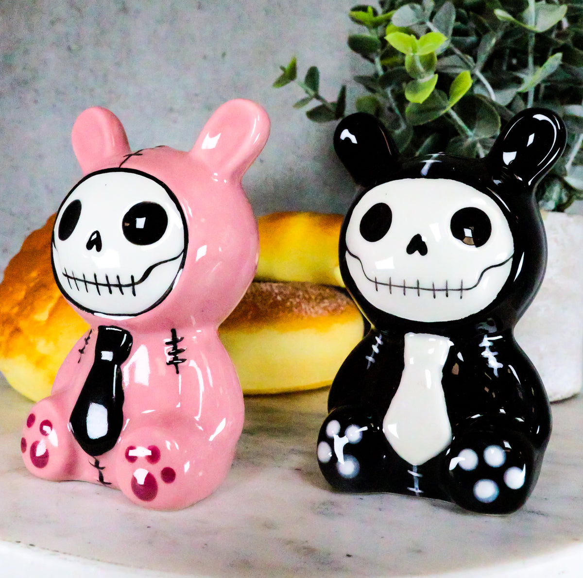 Ebros Furrybones Bunnie Rabbit Skeleton Monster Ceramic Salt Pepper Shakers Set