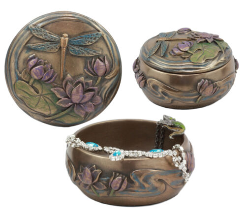 Ebros Nouveau Dragonfly Flitting Lily Over The Pond Round Jewelry Box Figurine