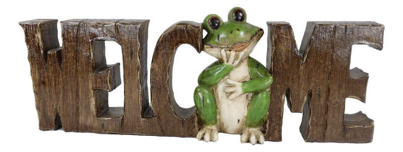 18"L Whimsical Green Frog Welcome Word Art Sign Wall Plaque Or Desktop Figurine