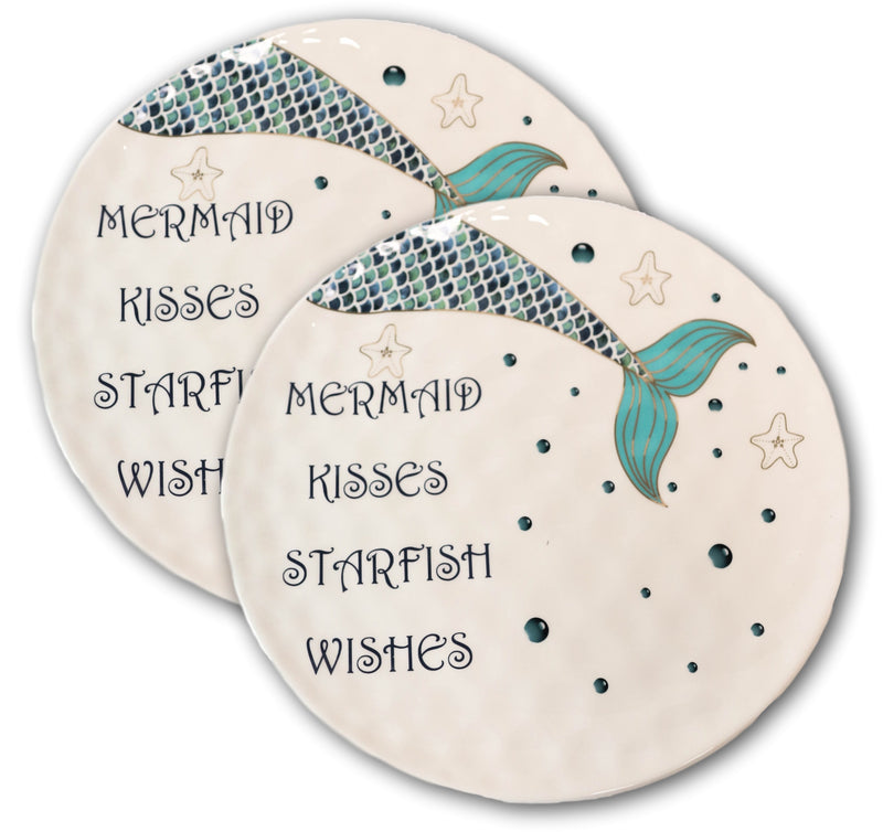 Ebros Nautical Blue Mermaid Kisses Starfish Wishes Ceramic Dinner Plates 2 Pack