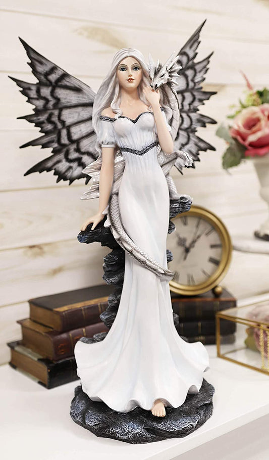 Ebros Large 21" Tall Winter Fairy with Baby Dragon Wyrmling Statue Fantasy Decor