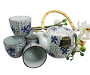 Japanese Blue Cherry Blossom 20oz Ceramic Tea Pot and Cups Set Serves 4 People