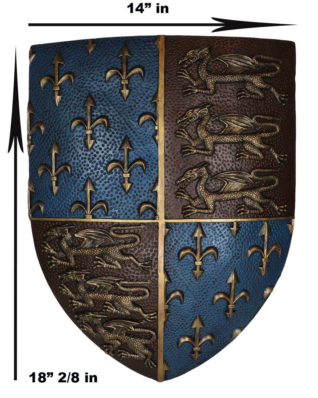 Large Medieval Knight Coat of Arms Fleur De Lis And 3 Dragons Shield Wall Decor