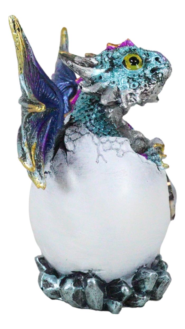 Aqua Blue Iridescent Jeweled Baby Wyrmling Dragon In Crystal Gem Egg Figurine