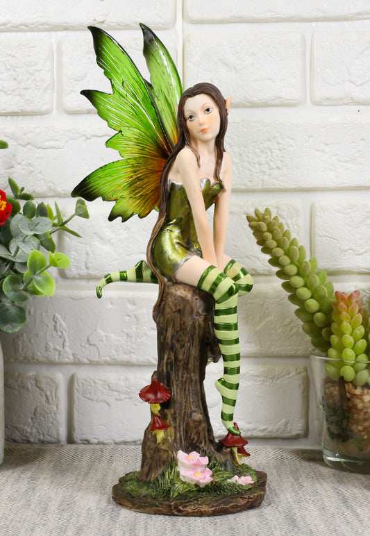 Whimsical Peppermint Elf Fairy Sitting On Tree Stump Statue 9.5"Tall Collectible