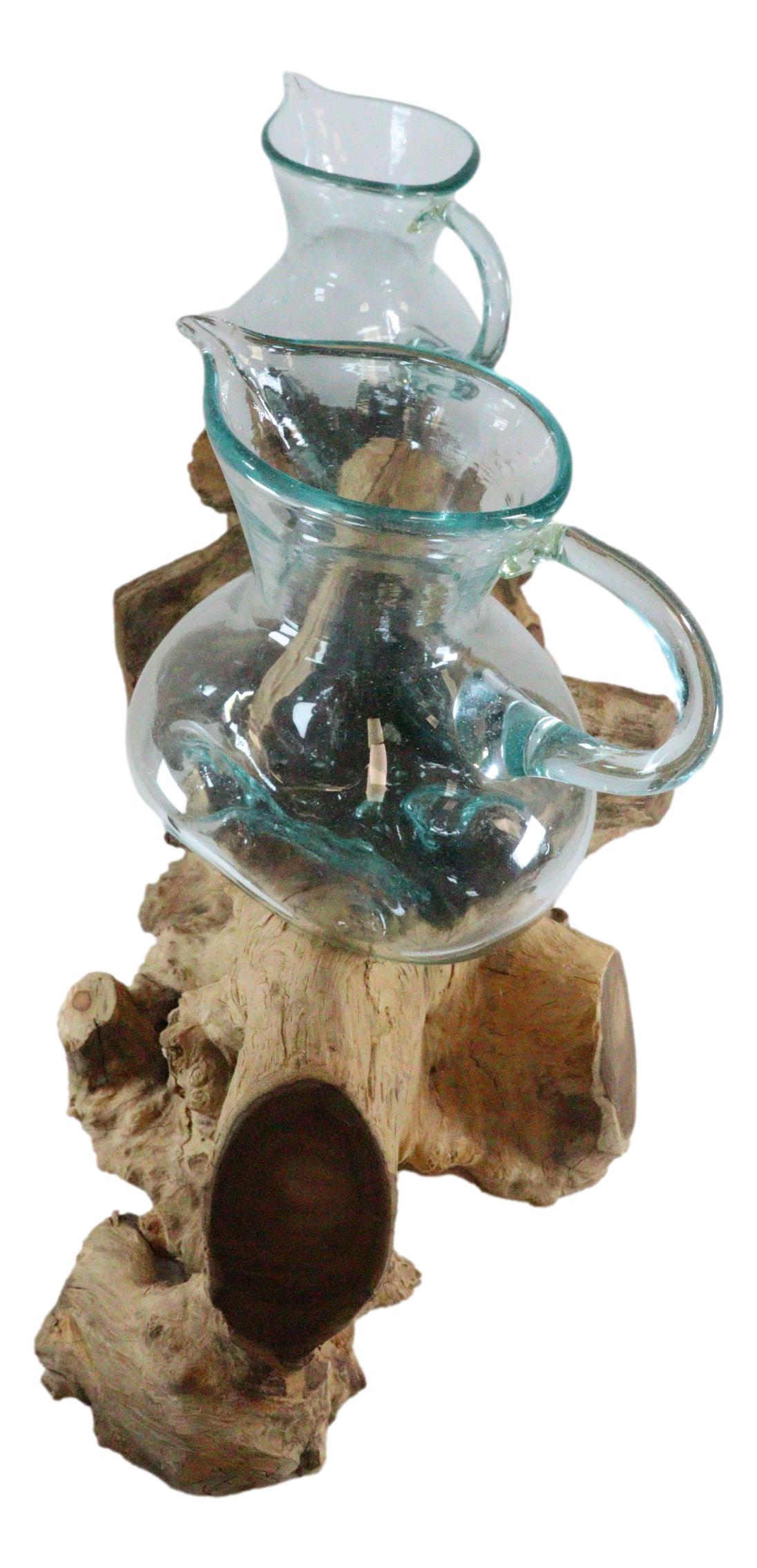 Set Of 2 Balinese Natural Gamal Wood Driftwood With Molten Glass Water Jugs