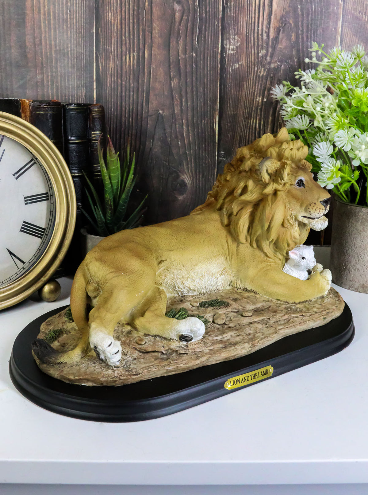 Ebros Christian Inspirational Lion and The Lamb Statue With Base And Brass Plate Title