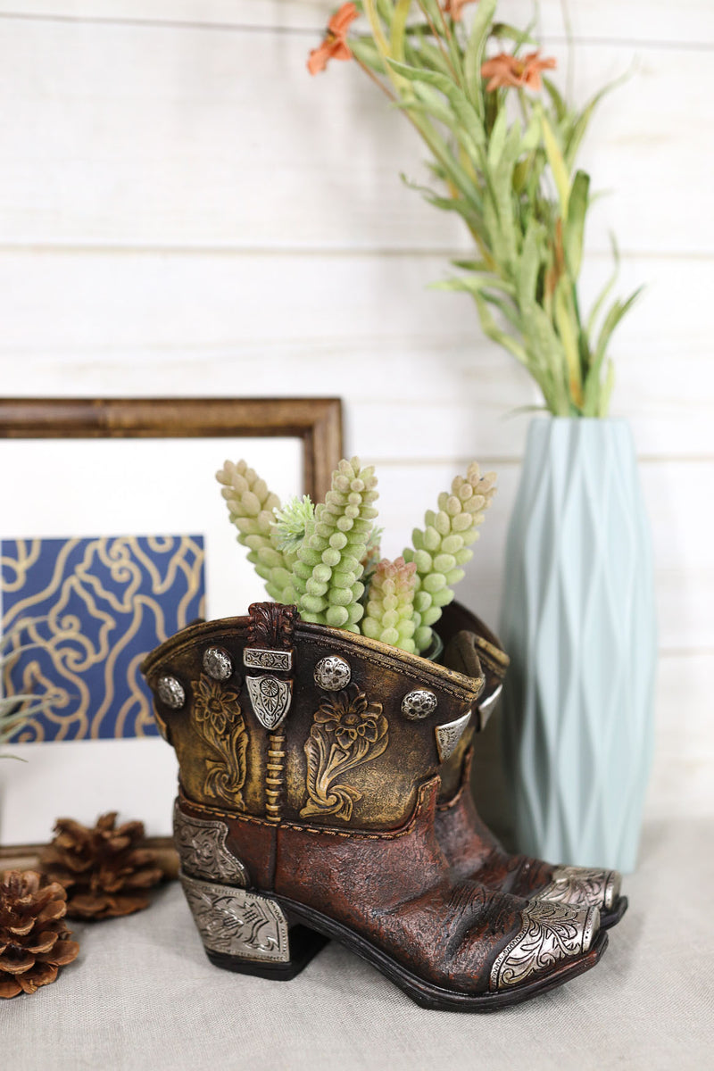 Ebros Rustic Western Cowboy Cowgirl Gold Tone Floral Boots Decorative Vase Pen Holder