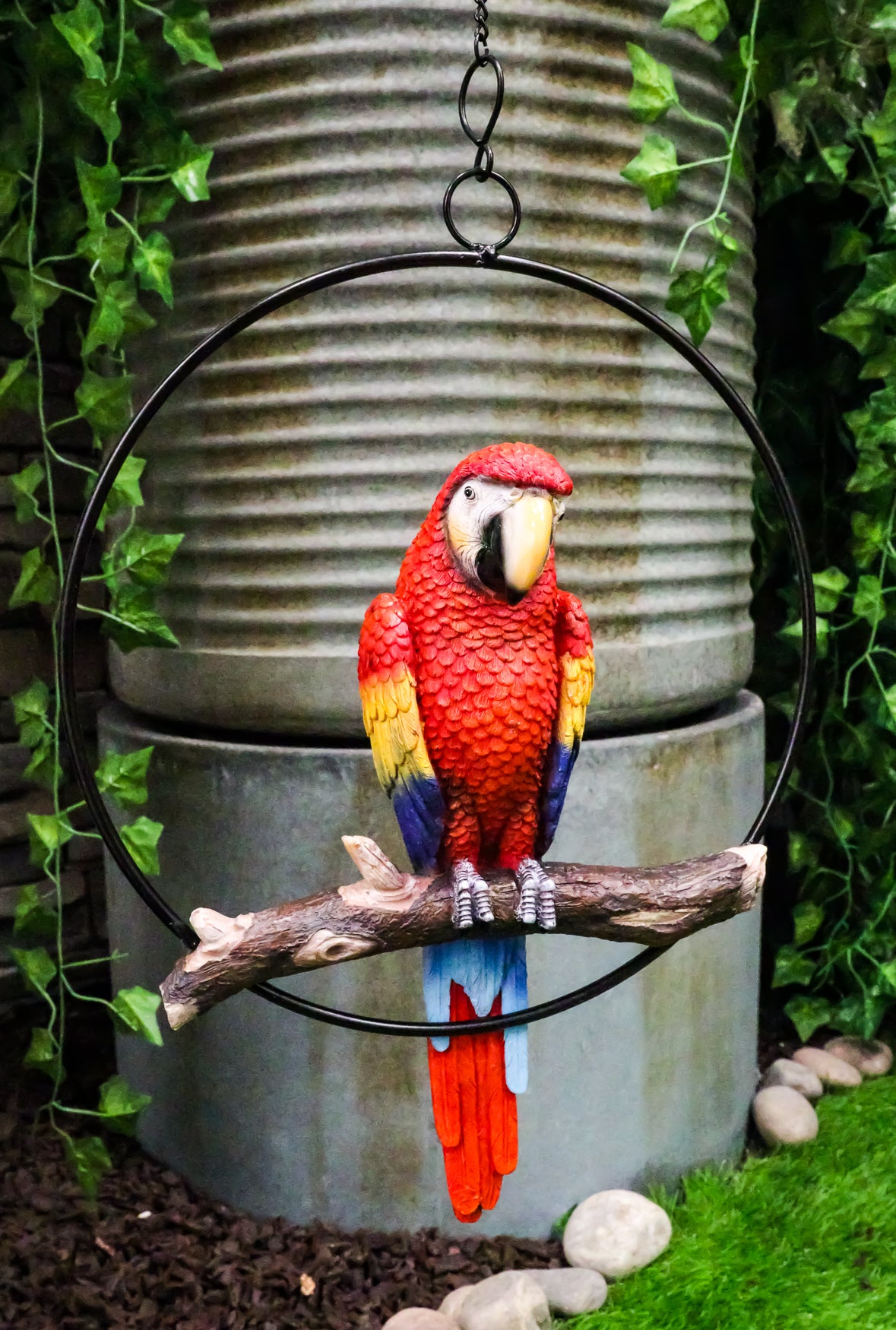 View of Ebros Hanging Scarlet Macaw Parrot Perching on Branch in Metal Round R ...