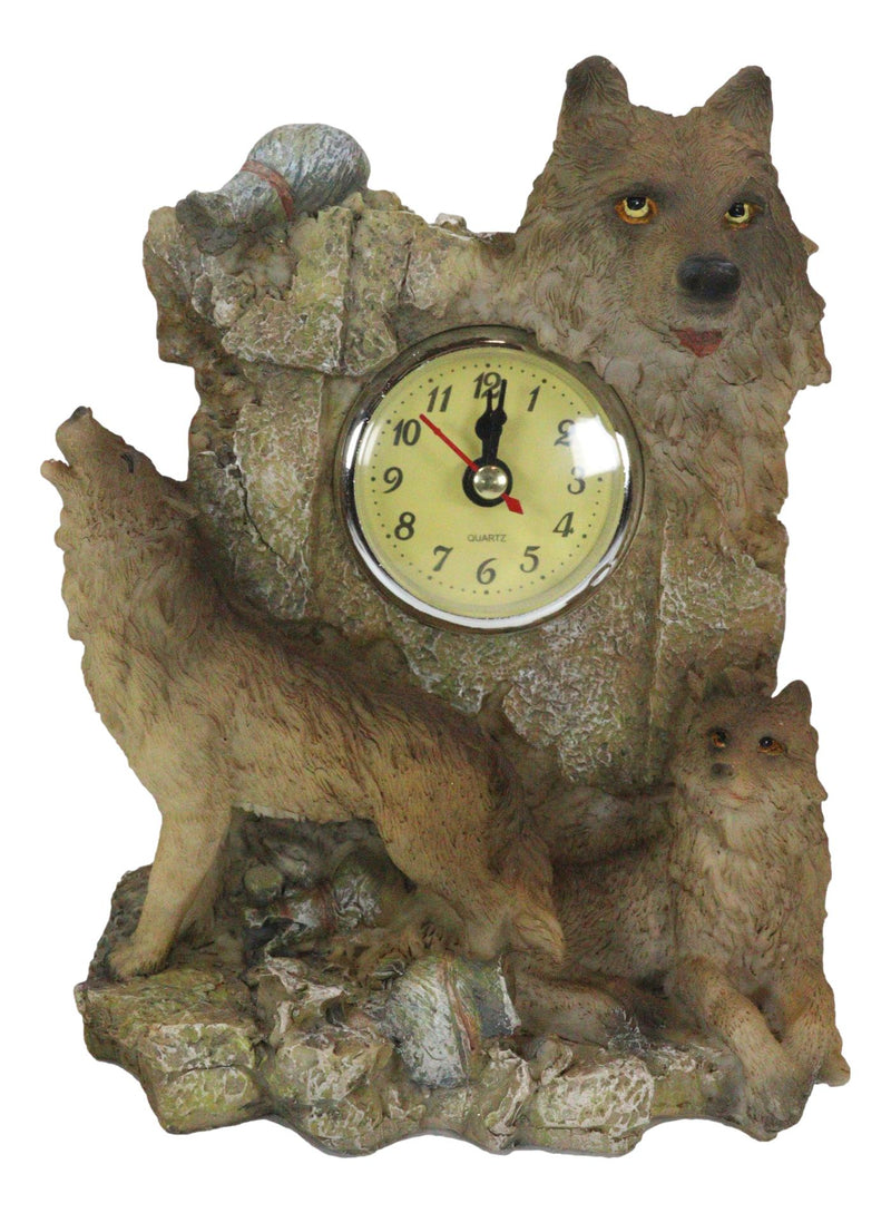 Jungle Forest Woodlands Howling Gray Wolf Timberwolf Family Table Clock Figurine