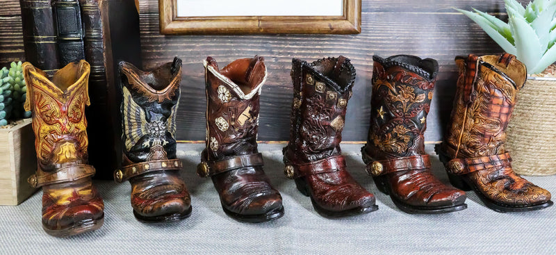 Pack Of 6 Rustic Western Cowboy Cowgirl Faux Leather Boots Pen Holder Figurines