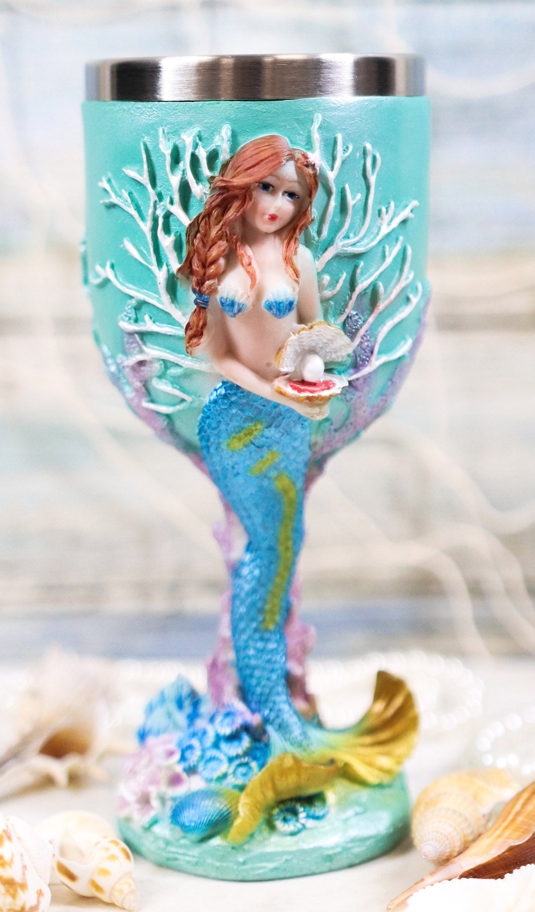 Ebros Turquoise Ocean Marine Coral Reef Mermaid With Pearl Wine Goblet