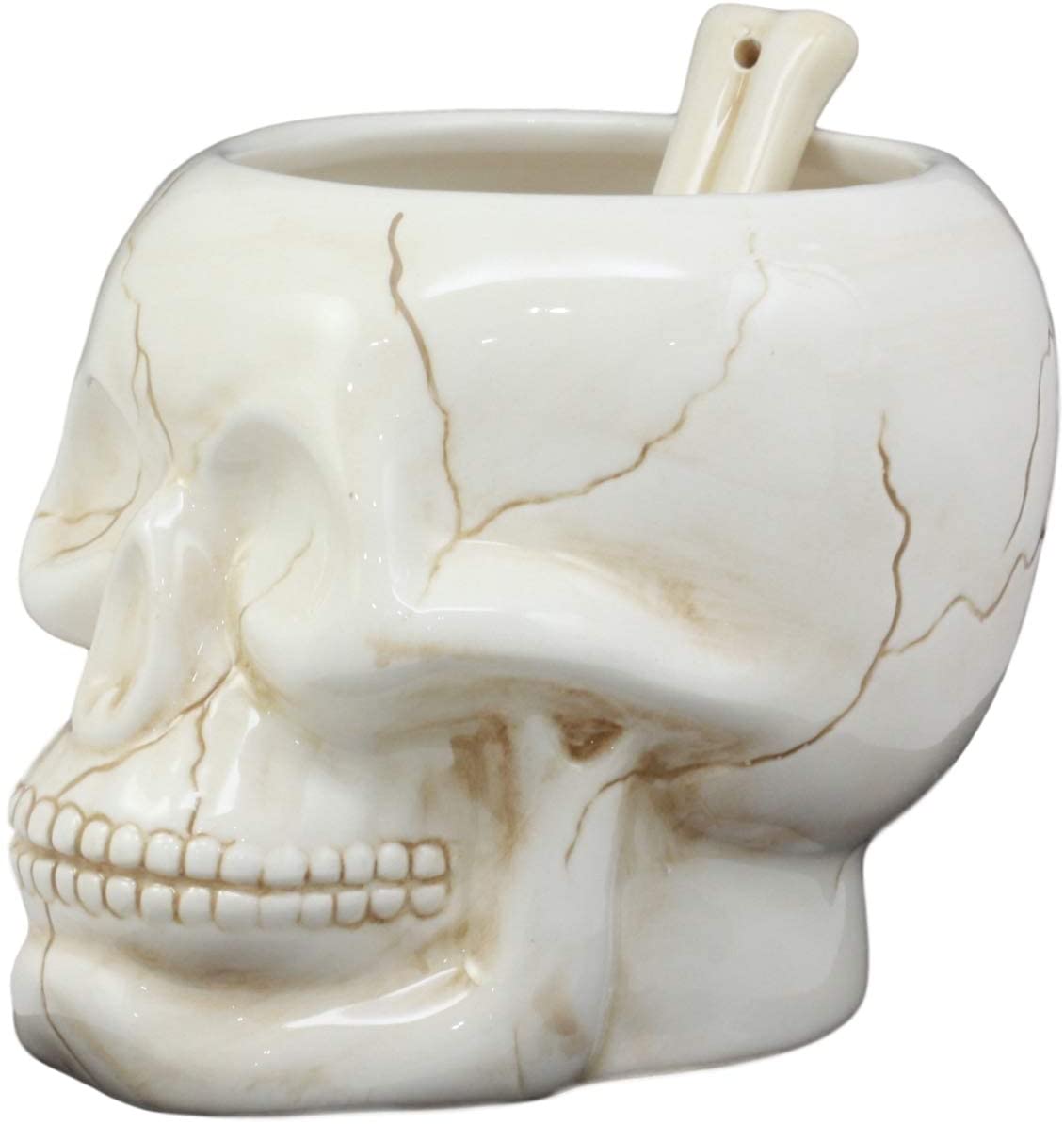 Ebros Ceramic Homosapien Human Skull Bowl With Skeletal Hand Spoon 6"Long 32oz - Ebros Gift