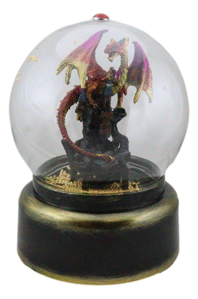Red Dragon On Rocky Mountain Castle Musical LED Light Air Powered Glitter Globe