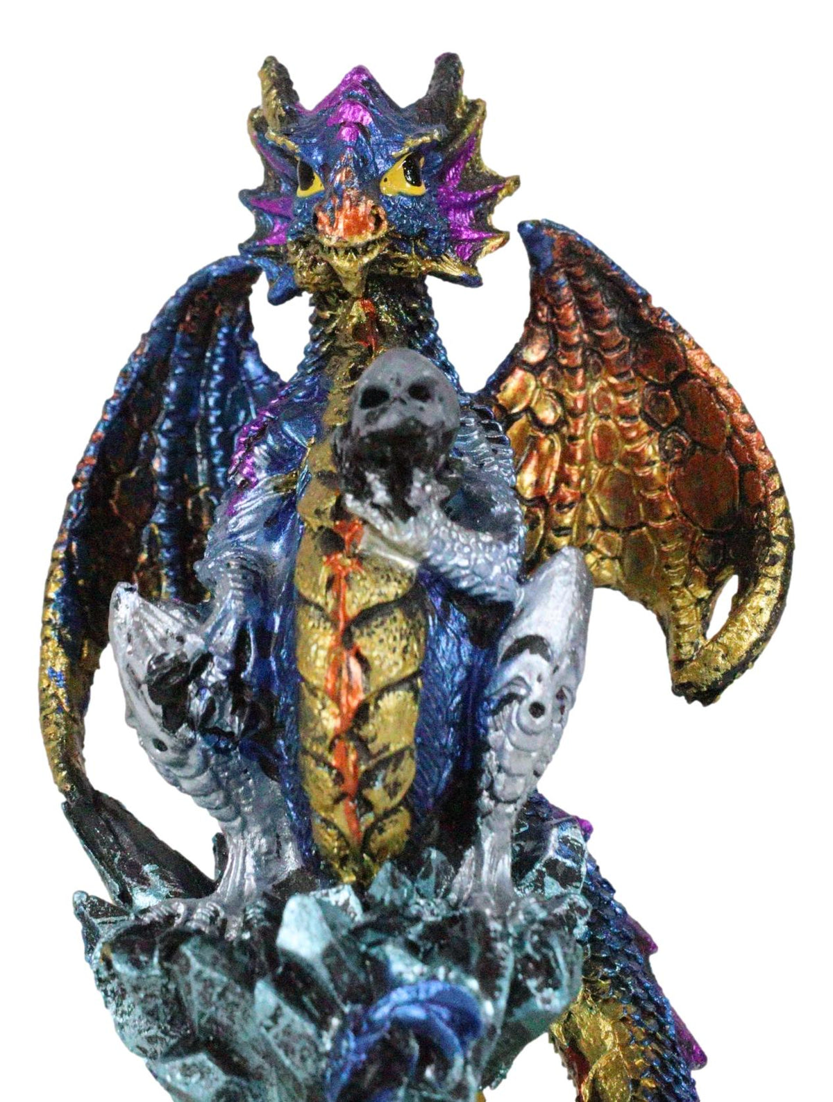 Iridescent Armored Rainbow Wyrmling Dragon Skull On Faux Crystal Prism Figurine
