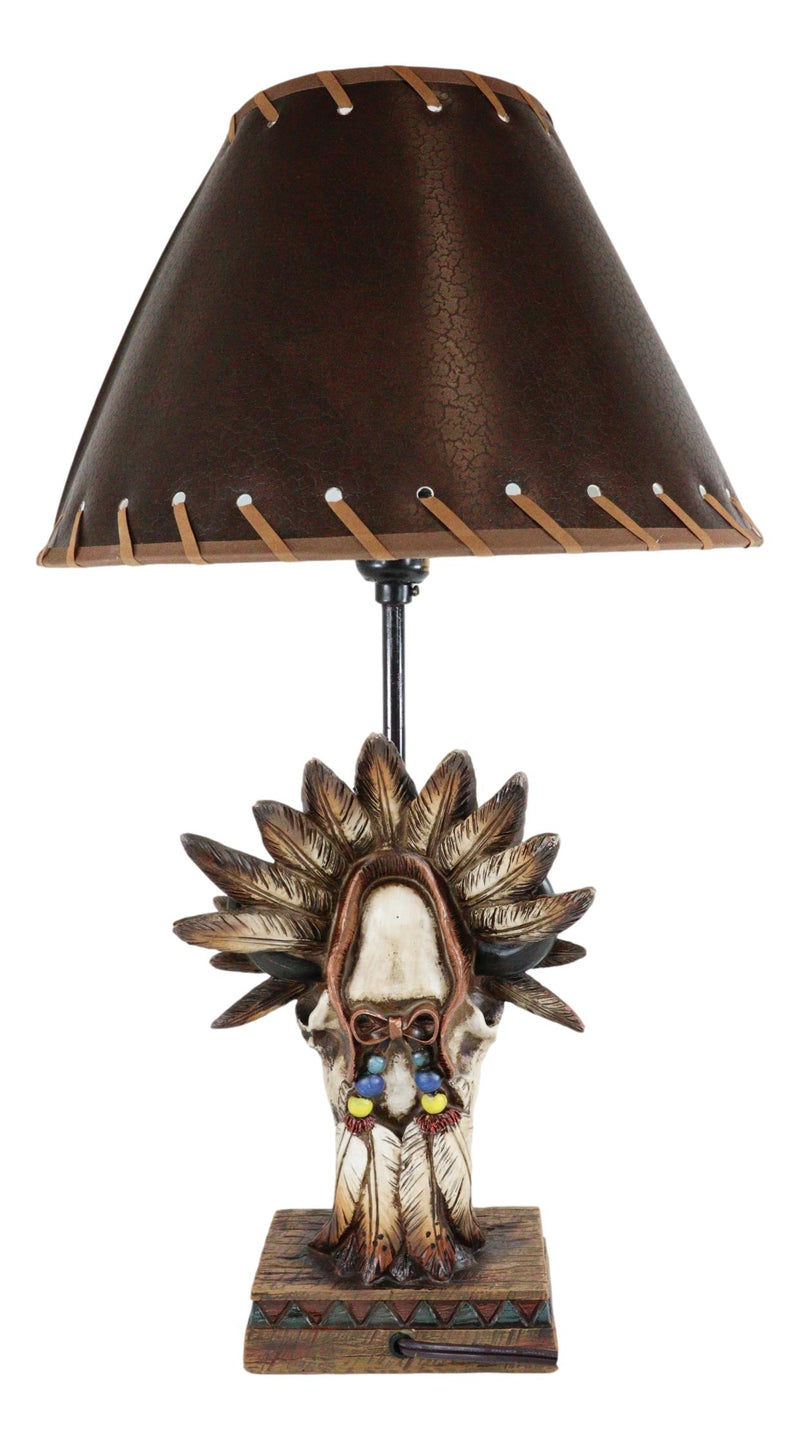 Western Cow Skull with Tribal Indian Chief Feathers Roach Headdress Table Lamp