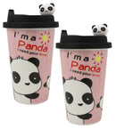 Pink Polkadots Giant Panda Bear Lovers Ceramic Mug With Silicone Lid Set Of 2