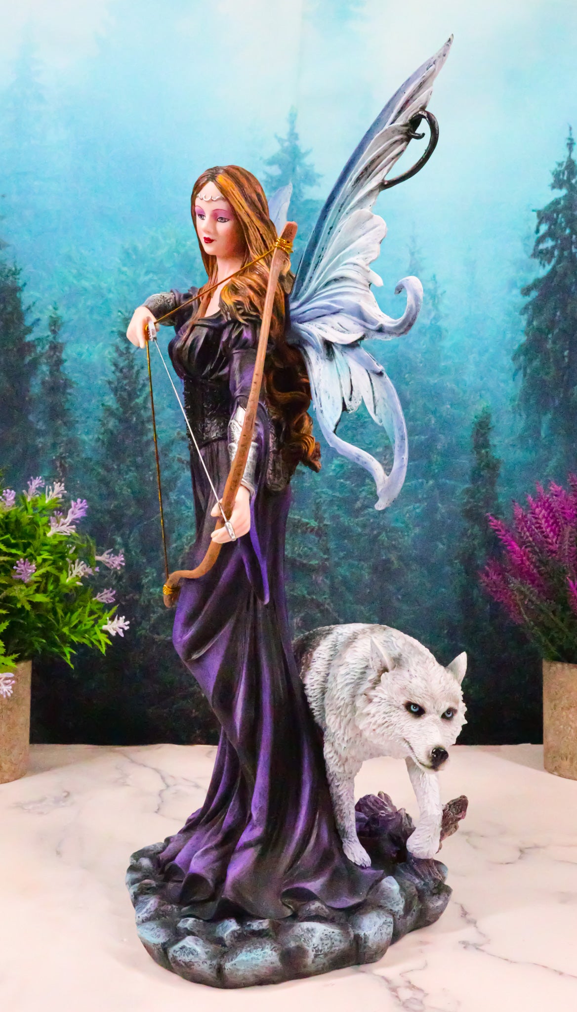 Moon Goddess Artemis Fairy with White Snow Wolf Drawing Bow and Arrow Statue
