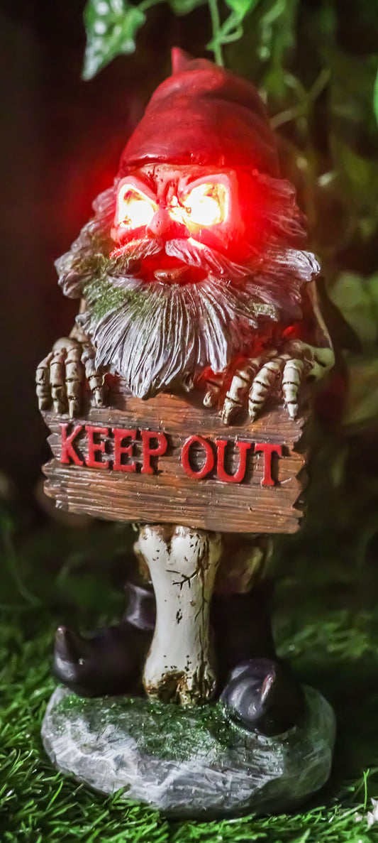 Ebros Day Of The Dead Butt Naked Skeleton Gnome Holding Keep Out Sign Statue LED Eyes