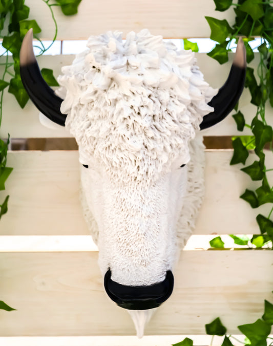 Ebros Sacred Lightning White Buffalo Wall Decor 18"H Faux Bison Head Taxidermy