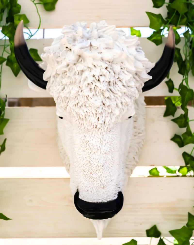 Ebros Sacred Lightning White Buffalo Wall Decor 18"H Faux Bison Head Taxidermy