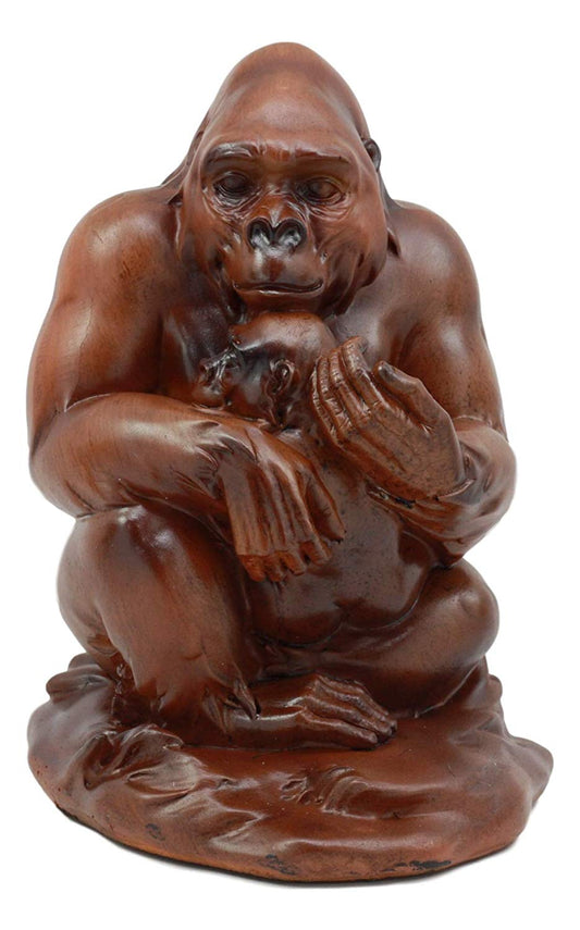 Ebros Jungle Wildlife Female Gorilla with Baby Statue 6.5" Tall Resin in Faux Wood Finish - Ebros Gift