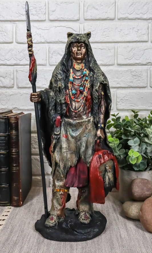 Brave Tribal Indian Native Warrior Hunter With Bear Headdress Winter Coat Statue